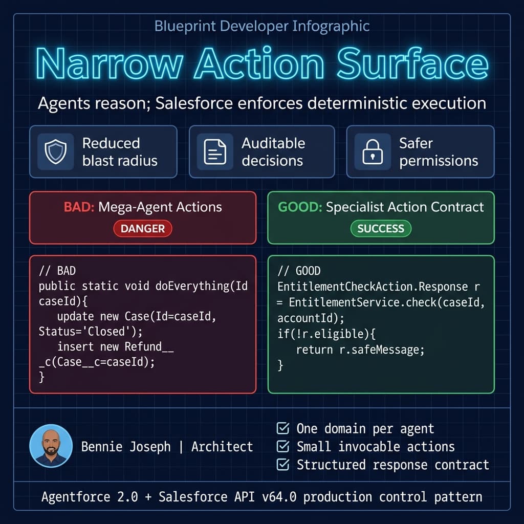 Blueprint showing bad mega-agent actions versus narrow specialist action contracts