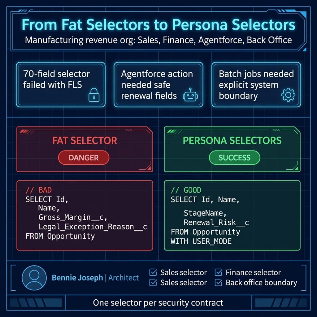Enterprise selector refactor from fat SOQL to persona-based user mode selectors