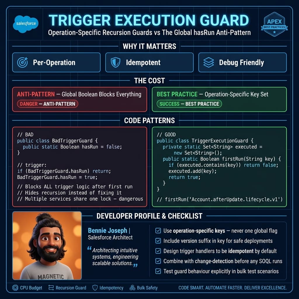 Recursion guard pattern: operation-specific TriggerExecutionGuard versus a global hasRun boolean anti-pattern