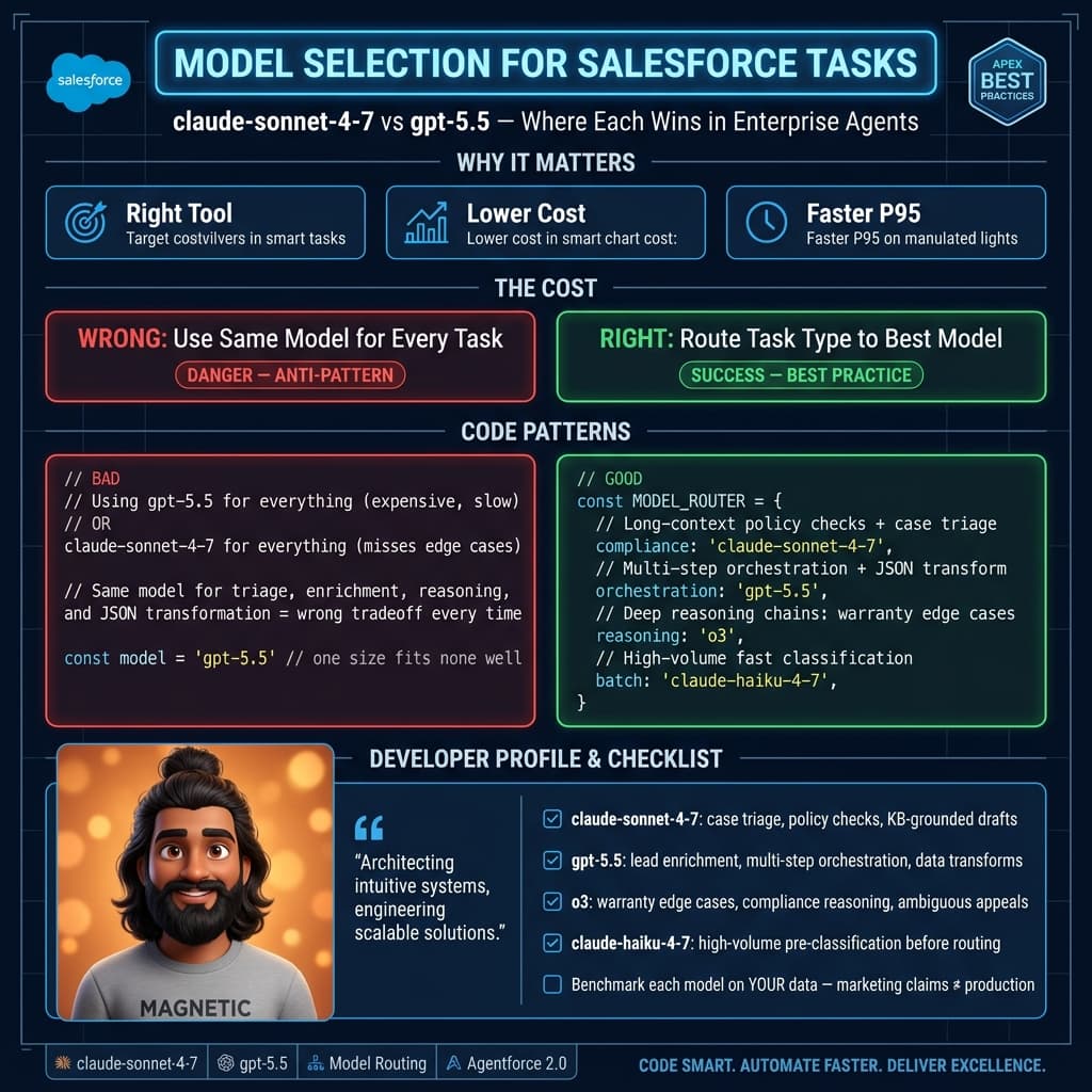 Salesforce agent model fit comparison for Claude Sonnet 4.7 and GPT-5.5