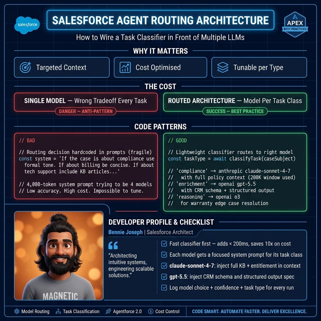 Routed Salesforce agent architecture using Agentforce, Data Cloud, Claude, and GPT
