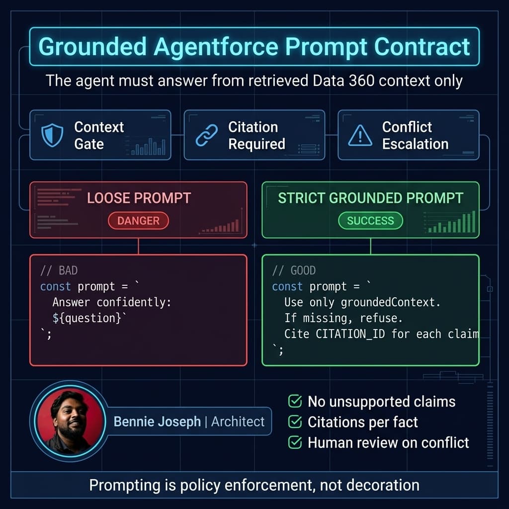 Strict grounded Agentforce prompt rules with citation enforcement