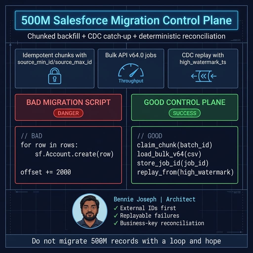 Migration control plane with chunks, Bulk API jobs, and CDC replay