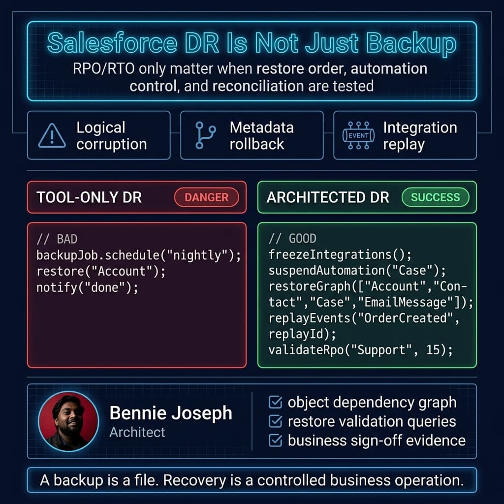 Blueprint showing backup-only versus architected Salesforce disaster recovery