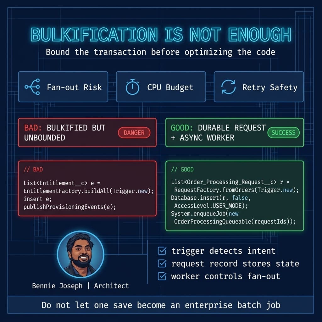 Bulkification versus durable async request pattern in Apex