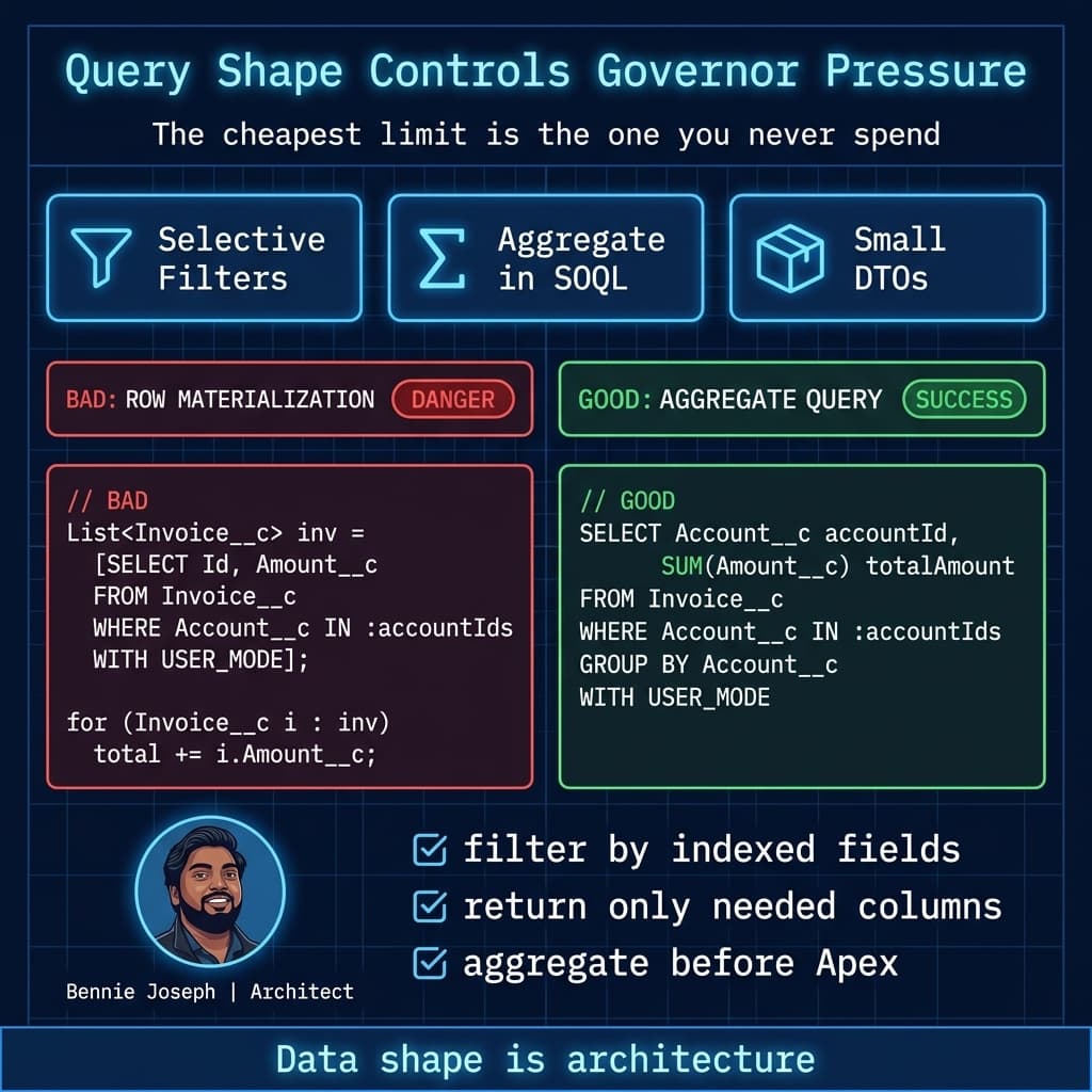 SOQL query shape comparison showing row materialization versus aggregation