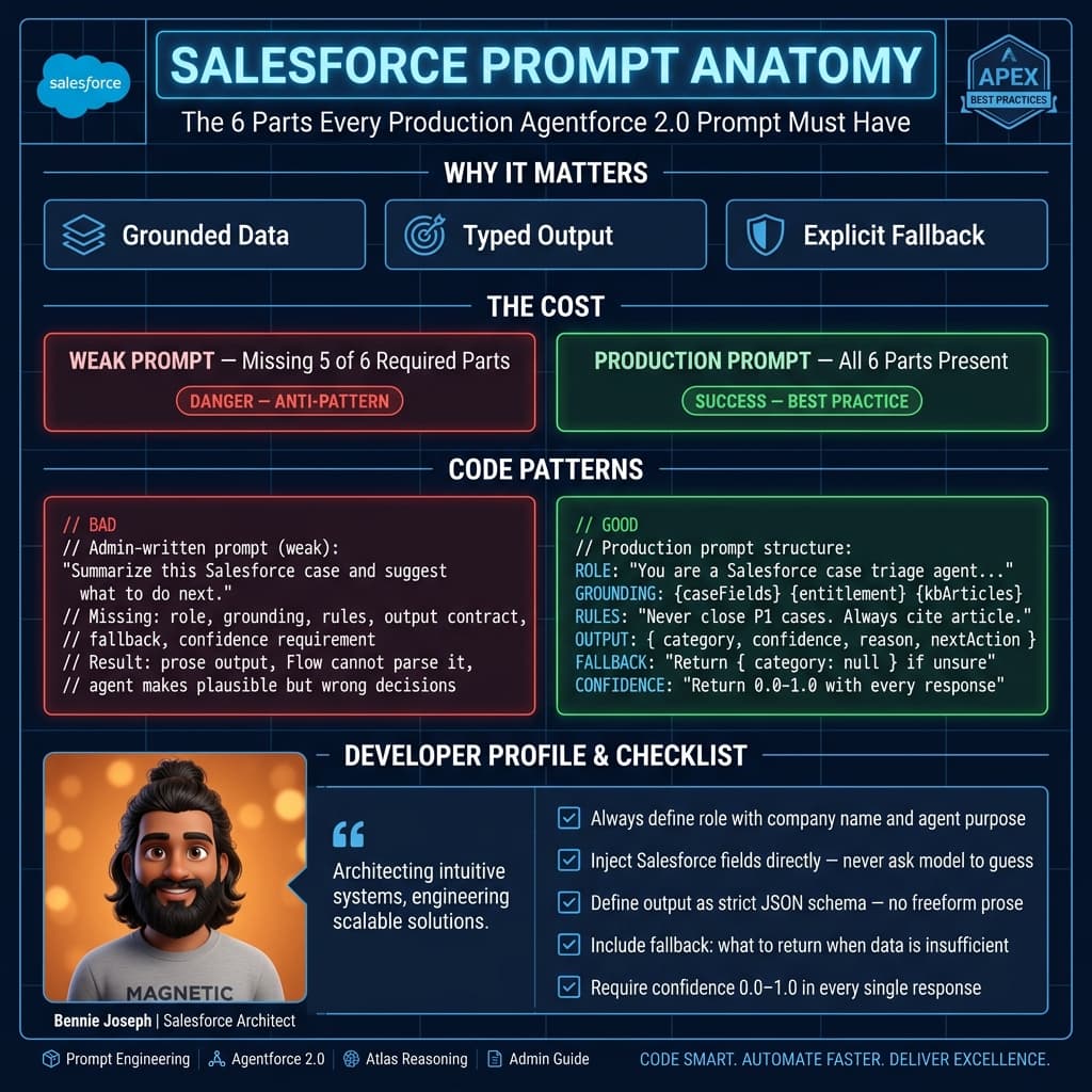 Agentforce prompt architecture showing data, rules, actions, and admin controls