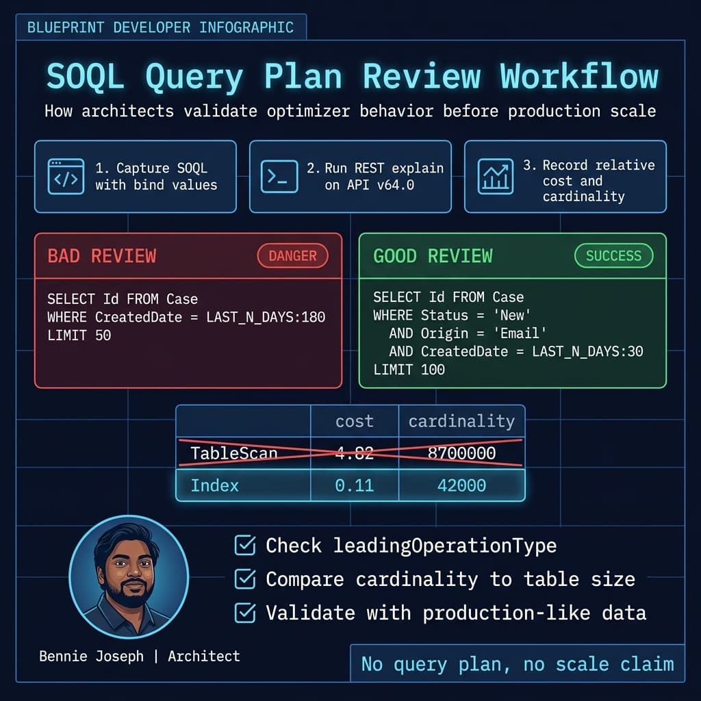 SOQL query plan review workflow with cost and cardinality