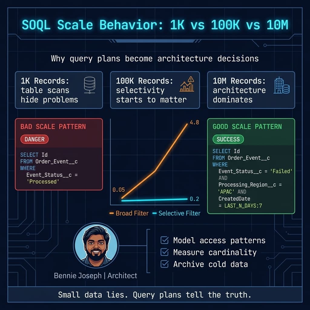 SOQL performance scale behavior across 1K 100K and 10M records