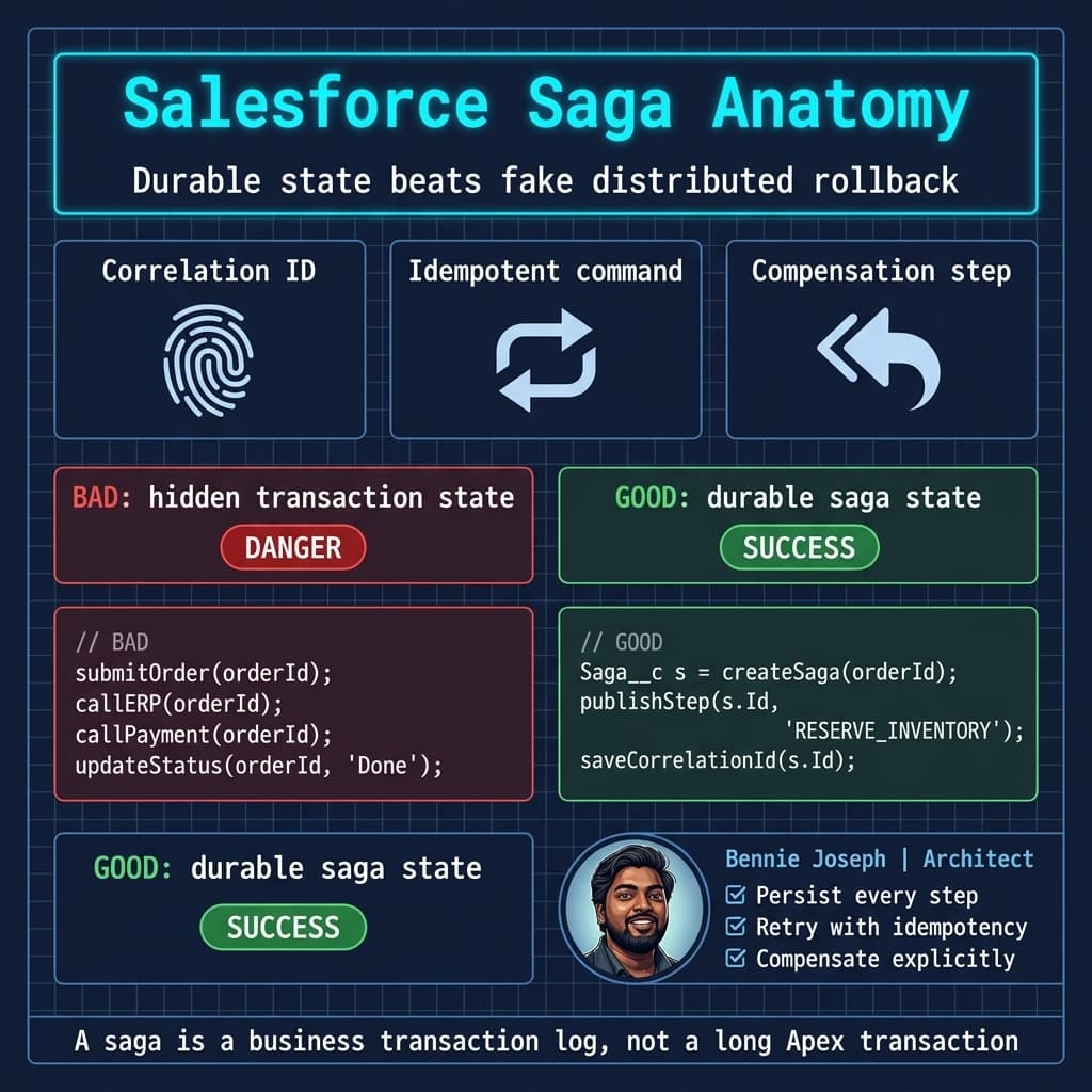 Salesforce saga anatomy showing durable state and compensation