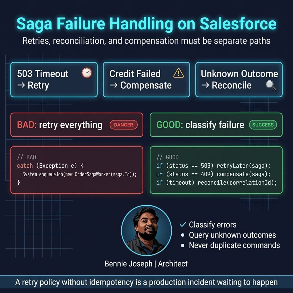 Saga failure handling with retry, compensation, and reconciliation paths