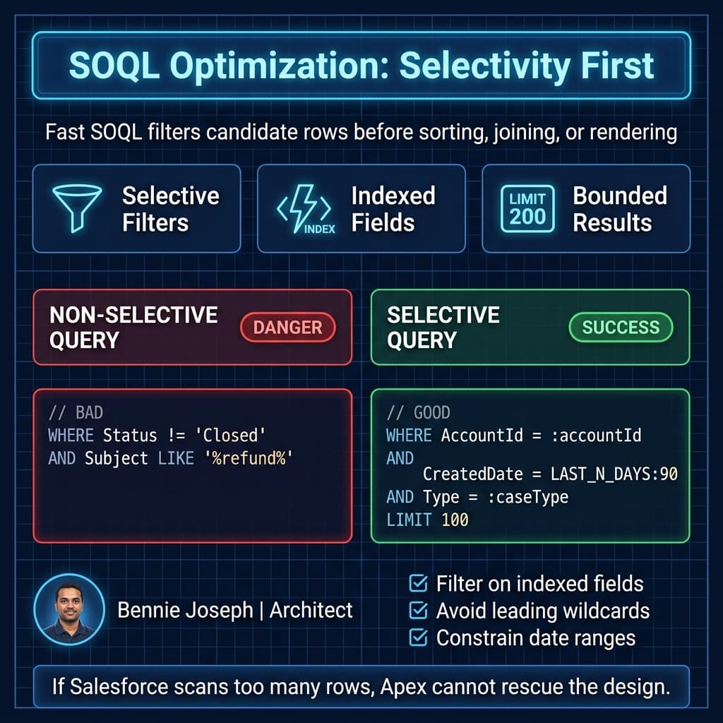 SOQL selectivity blueprint comparing slow and optimized query filters
