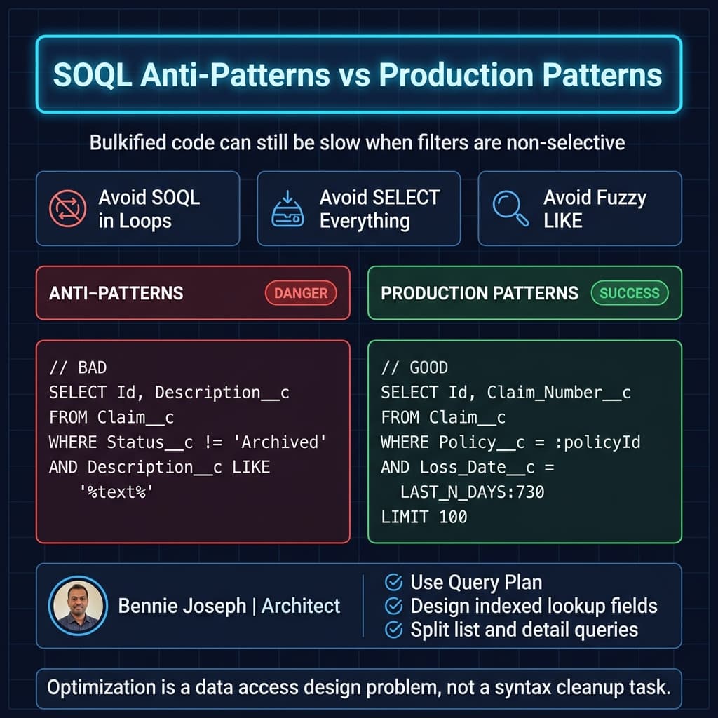 SOQL anti-patterns compared with production-safe query patterns