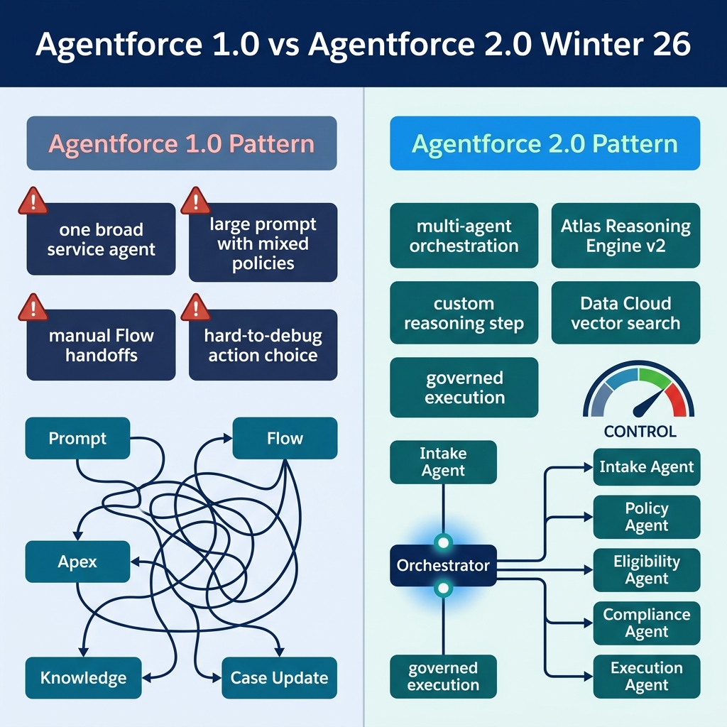 Agentforce 1.0 and 2.0 production pattern comparison