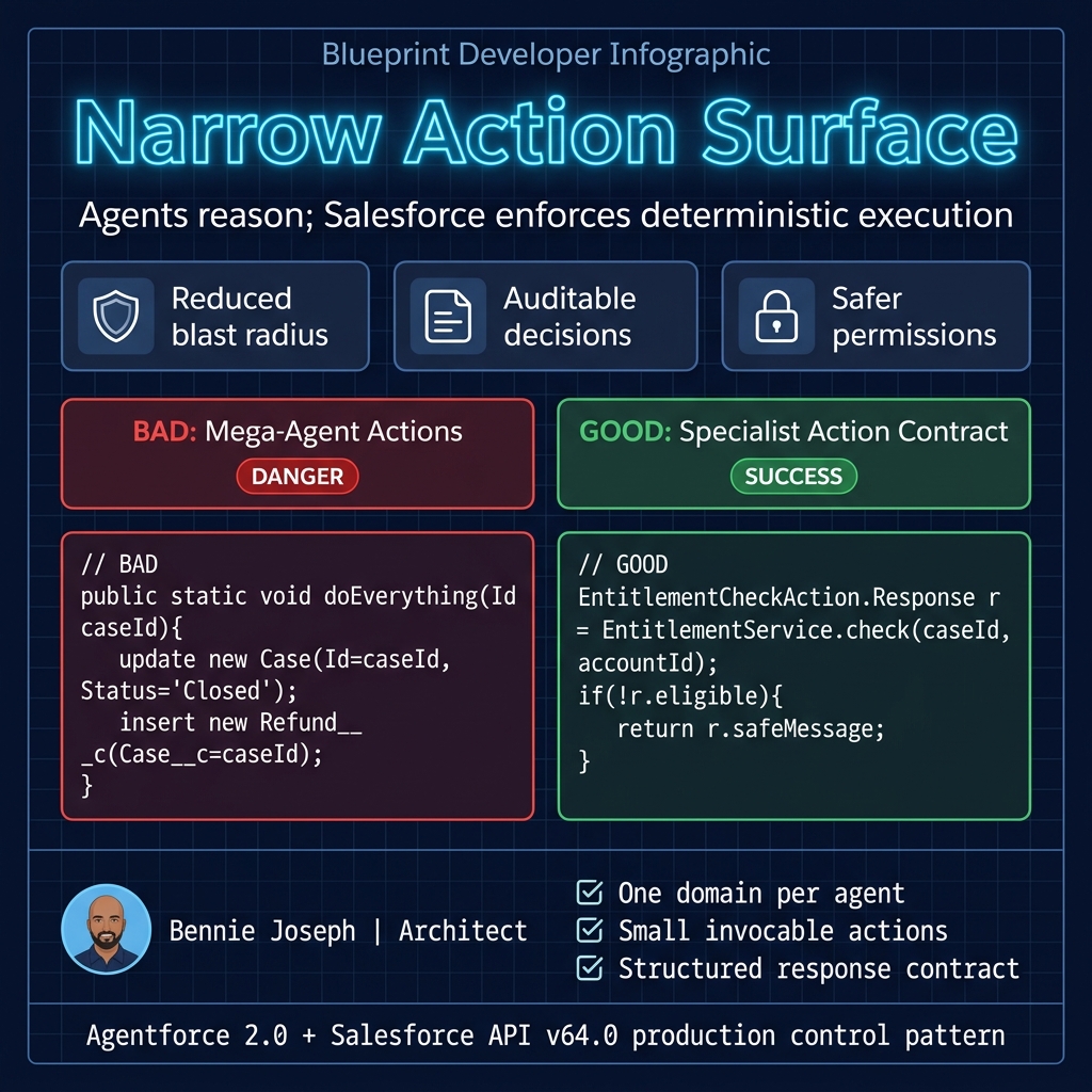 Blueprint showing bad mega-agent actions versus narrow specialist action contracts