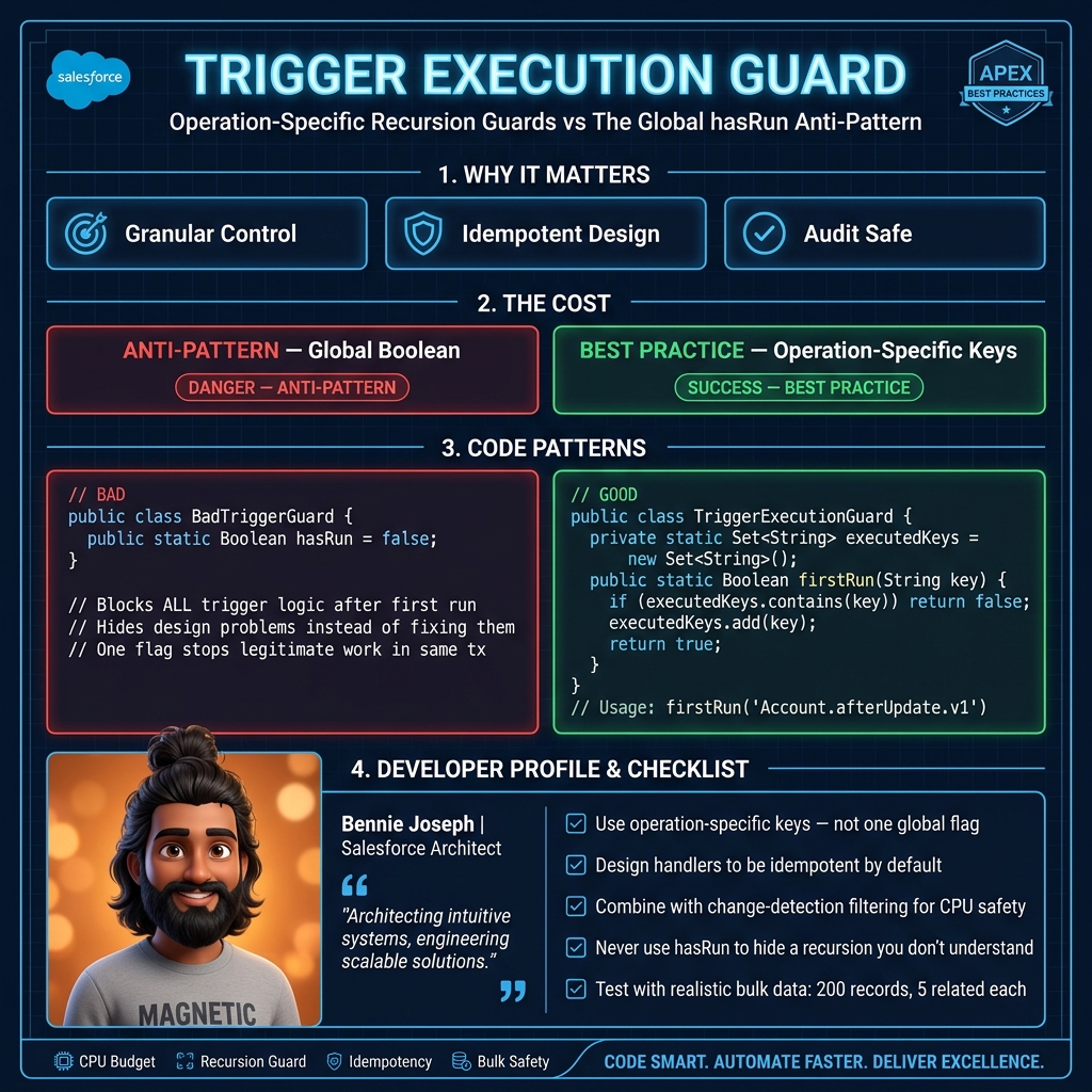 Recursion guard pattern: operation-specific TriggerExecutionGuard versus a global hasRun boolean anti-pattern