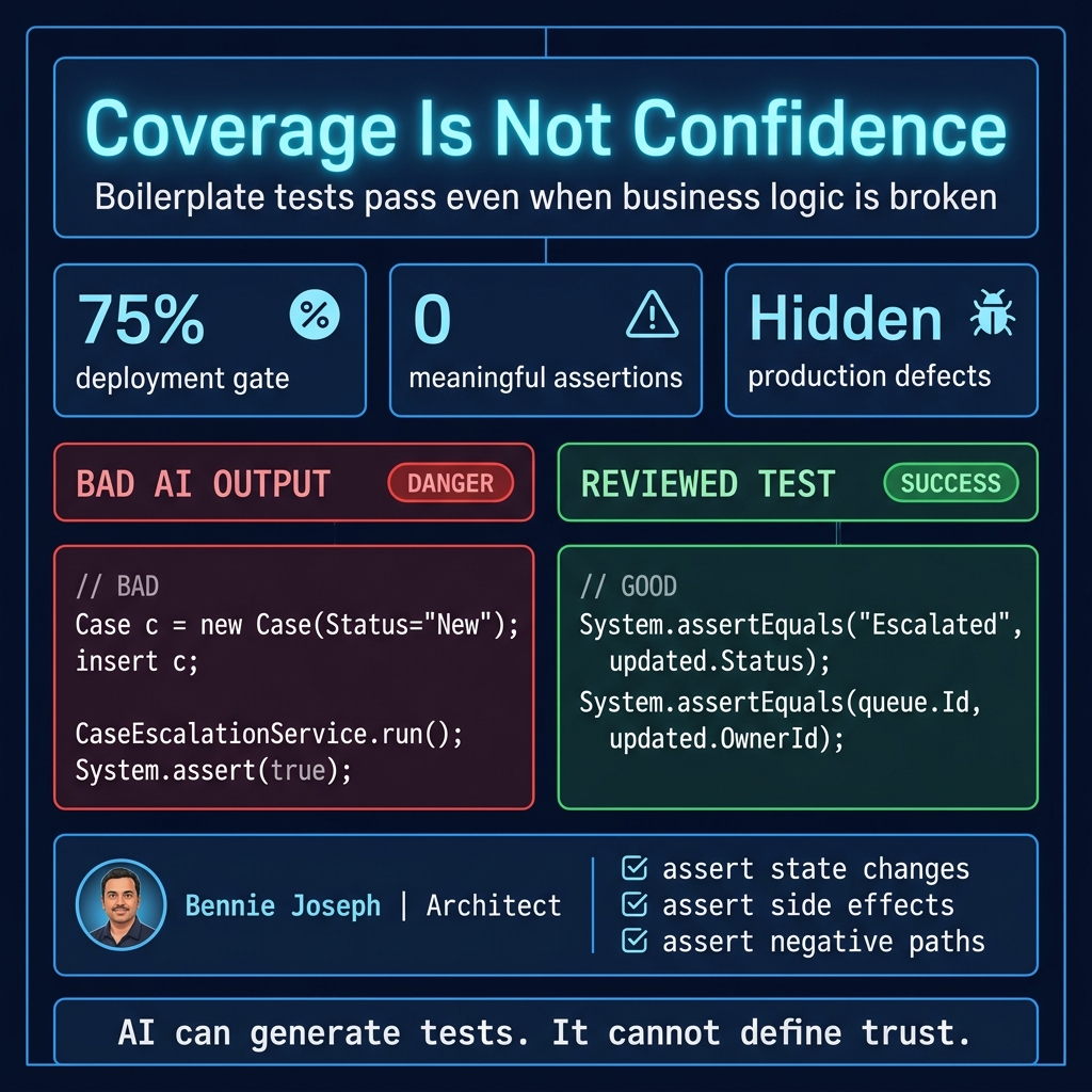 Coverage versus confidence in AI-generated Apex tests