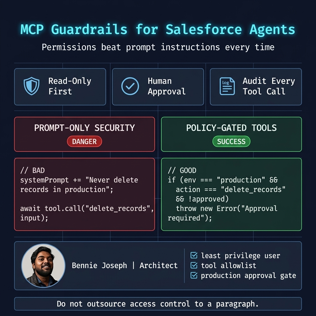 Salesforce MCP security guardrails comparing prompt-only and policy-gated tools