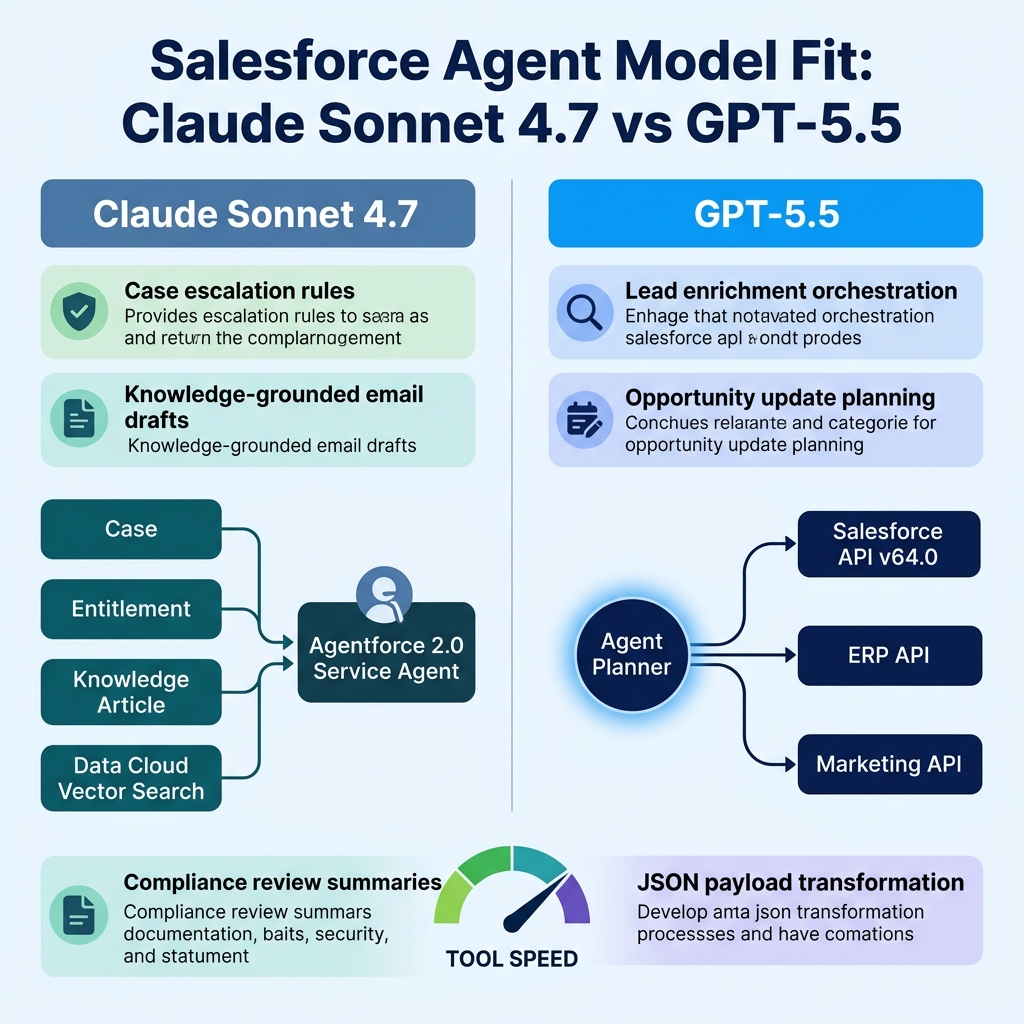 Salesforce agent model fit comparison for Claude Sonnet 4.7 and GPT-5.5