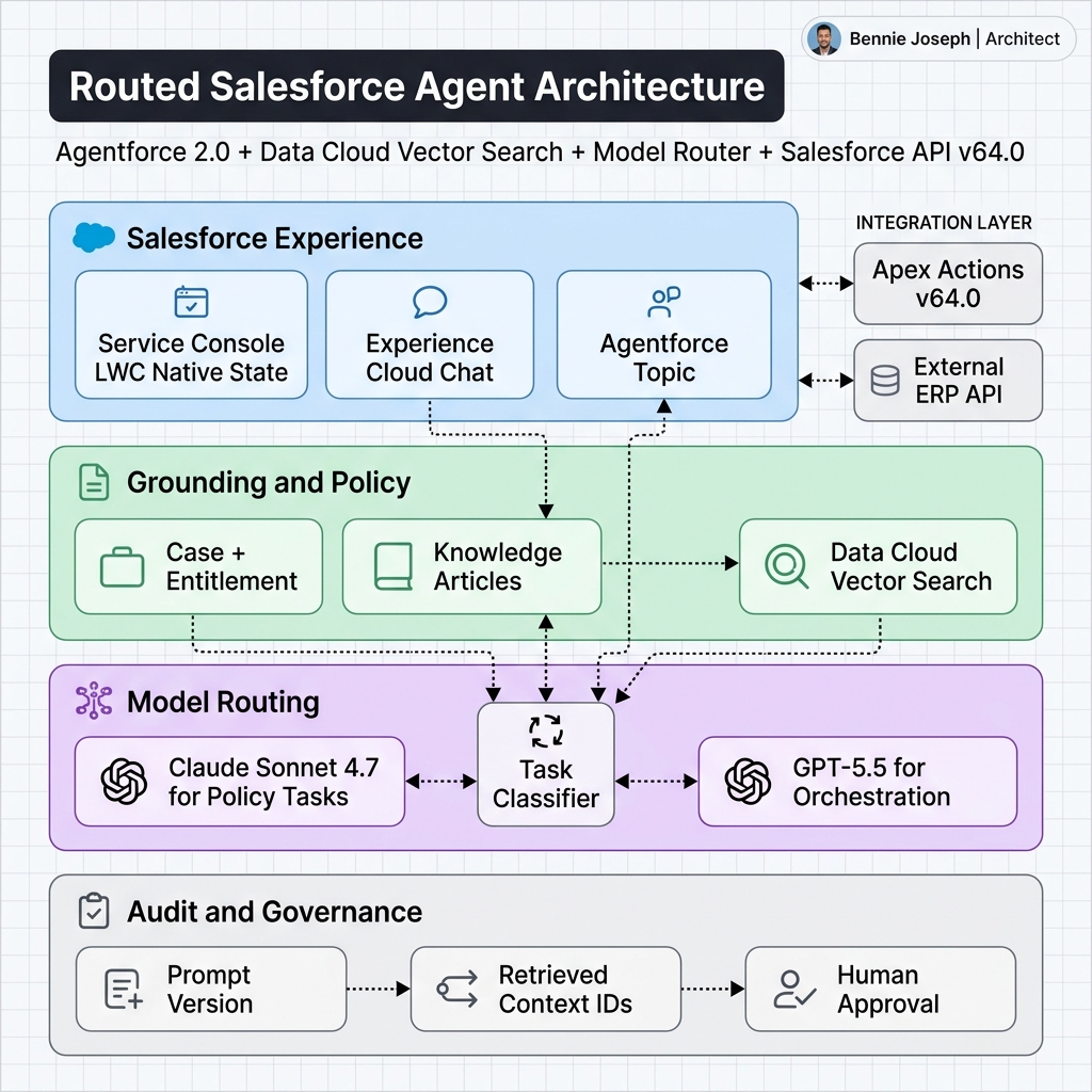 Routed Salesforce agent architecture using Agentforce, Data Cloud, Claude, and GPT