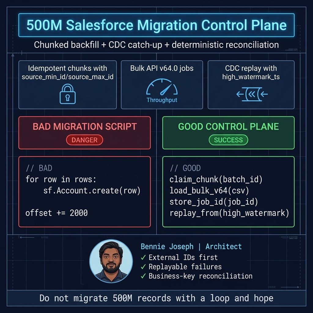 Migration control plane with chunks, Bulk API jobs, and CDC replay