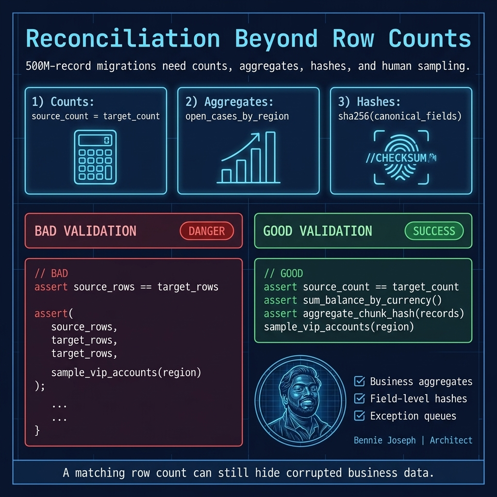 Reconciliation strategy using counts, aggregates, hashes, and sampling
