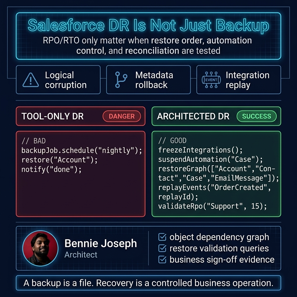 Blueprint showing backup-only versus architected Salesforce disaster recovery