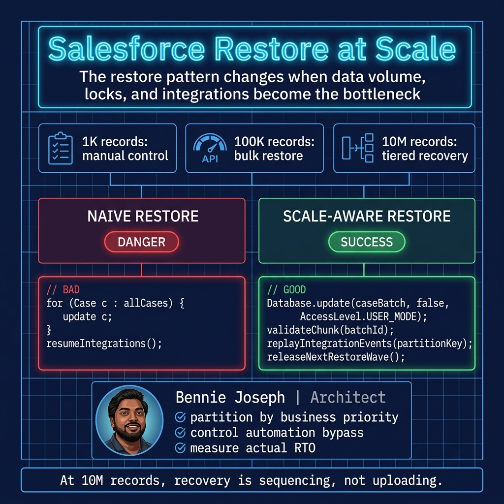Blueprint comparing Salesforce restore strategies at 1K 100K and 10M records