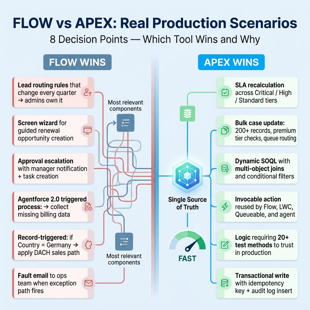 Flow vs Apex decision matrix: when to choose declarative Flow versus programmatic Apex for Salesforce automation in 2026