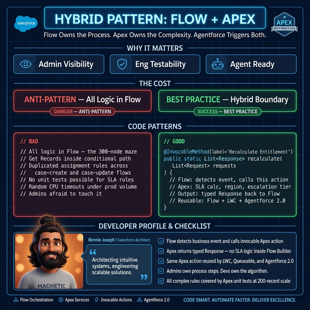 Hybrid Flow and Apex pattern: Flow owns the business process, Apex invocable action owns the complex logic, Agentforce 2.0 triggers governed operations