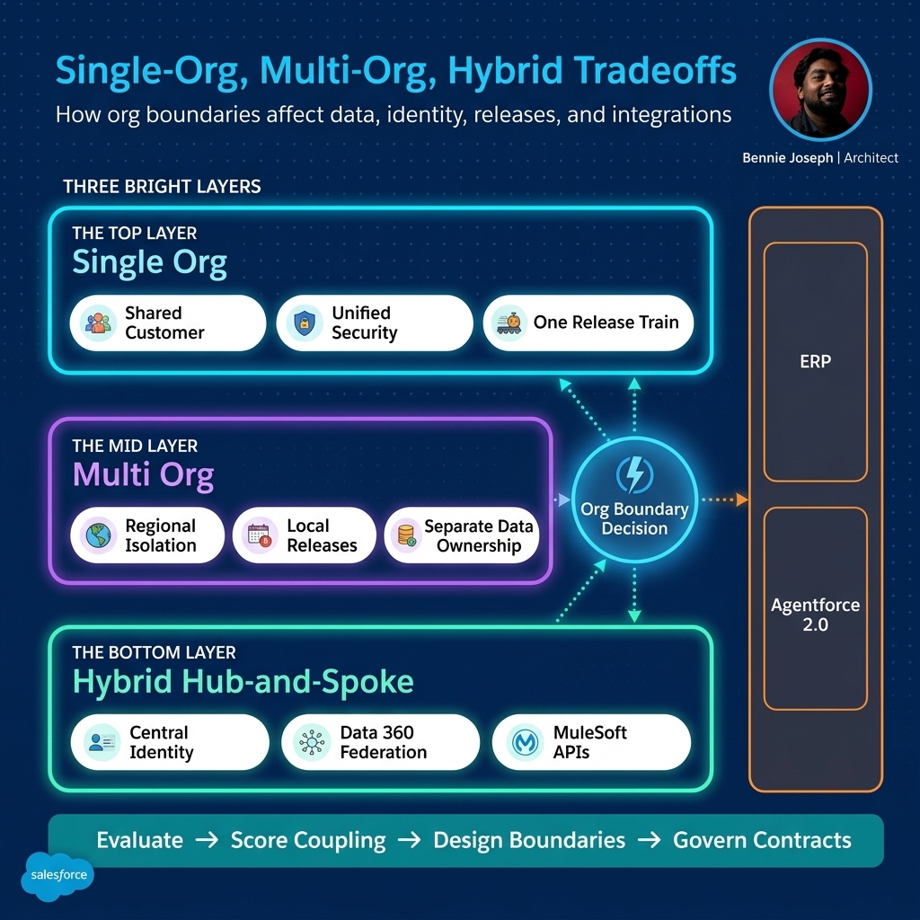 Single-org multi-org hybrid architecture tradeoff matrix