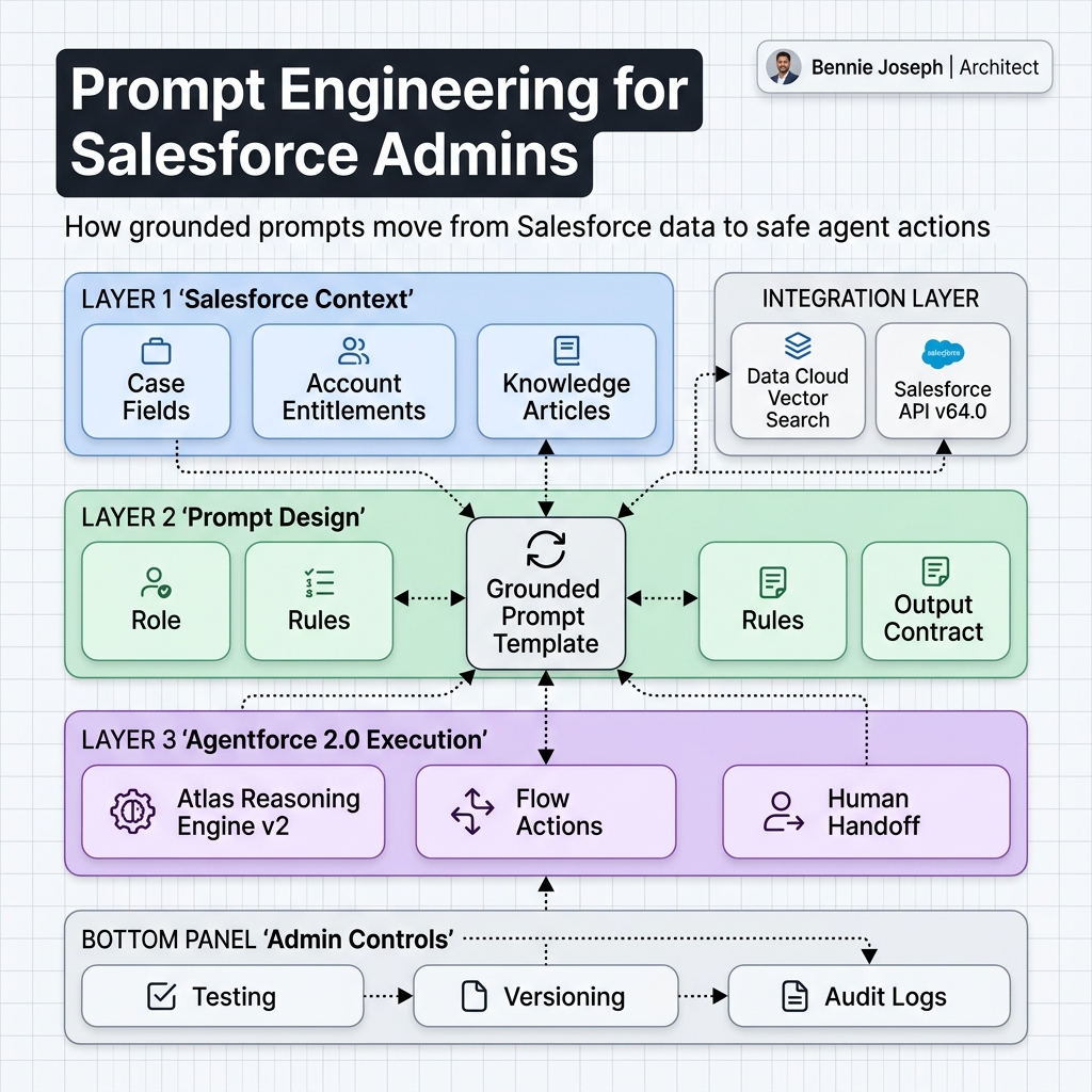 Agentforce prompt architecture showing data, rules, actions, and admin controls