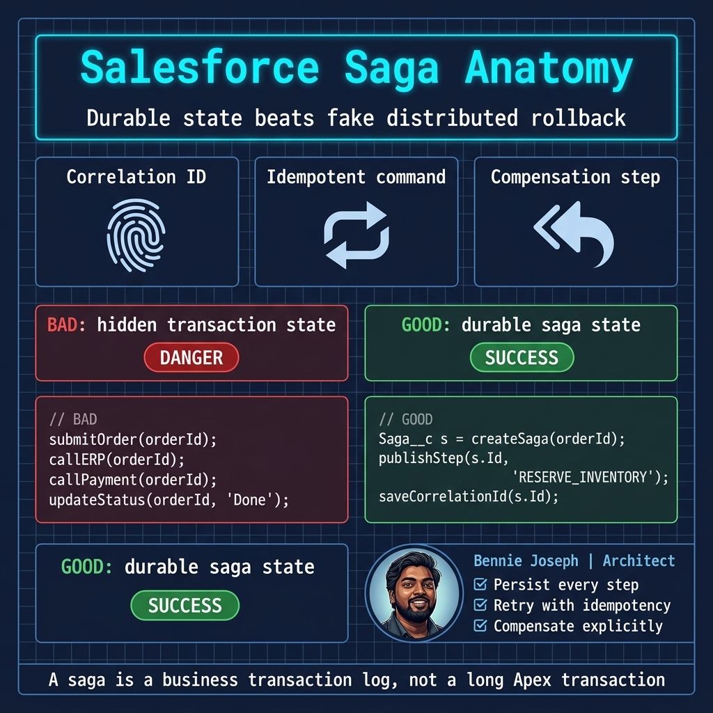Salesforce saga anatomy showing durable state and compensation