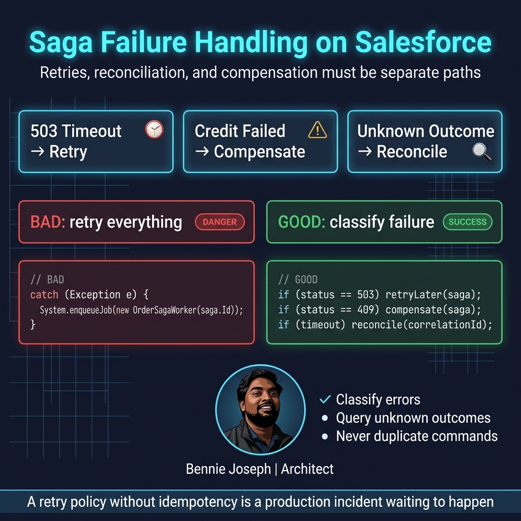 Saga failure handling with retry, compensation, and reconciliation paths