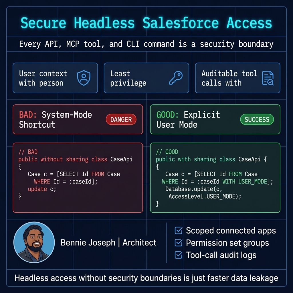 Secure Apex user mode pattern for headless Salesforce APIs