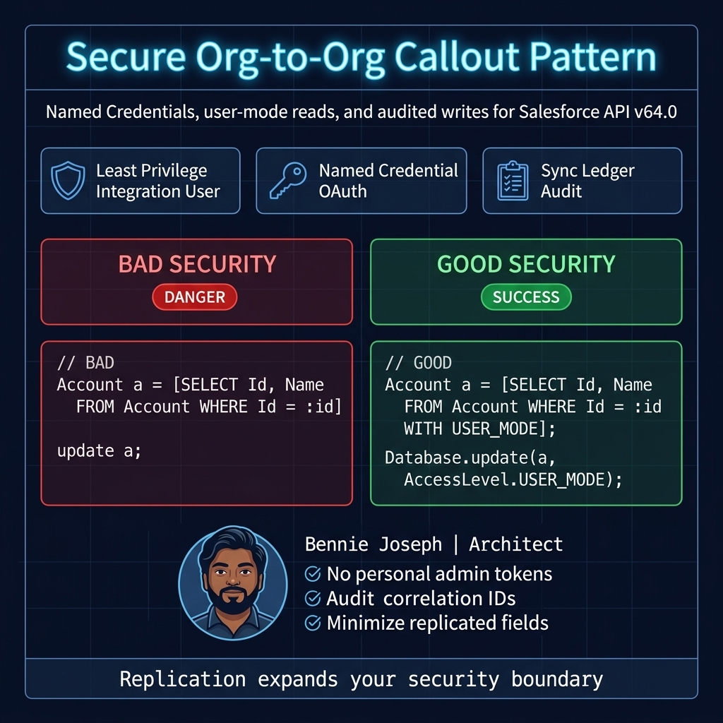 Secure Salesforce org callout pattern with user-mode Apex